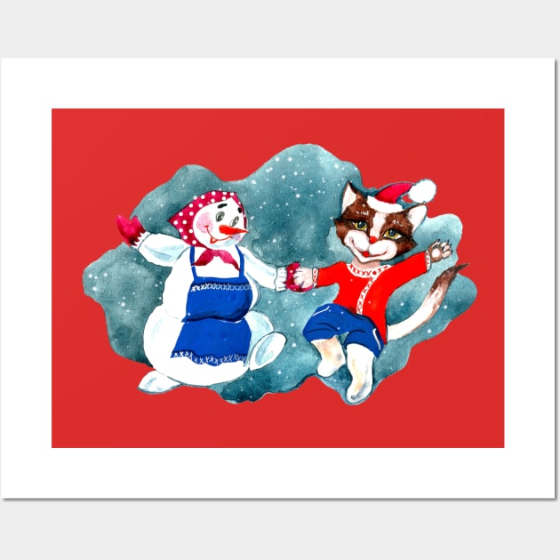 Kitty and snowman Wall Art by Gulmira